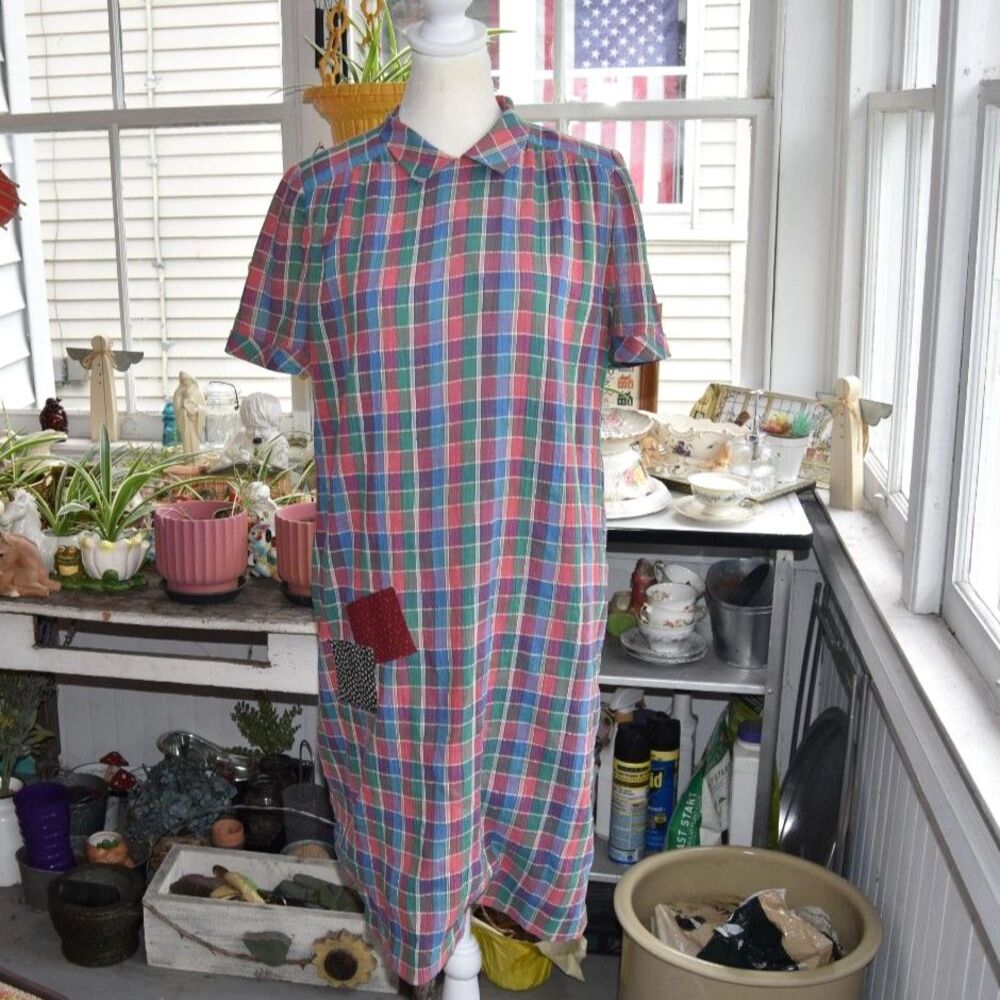 Vintage 80s Bella Kolon Mode Korean Plaid Patchwork Shift Dress L